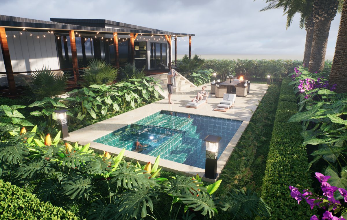 Backyard Retreat by day — pool and lush garden